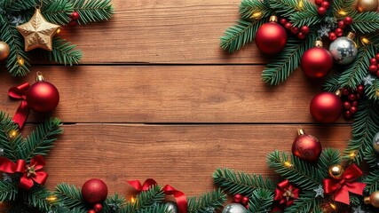 A festive arrangement of Christmas decorations arranged on a rustic wooden background, background, Christmas, seasonal