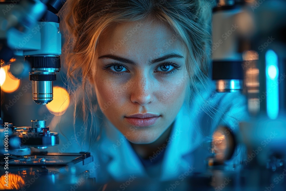 Poster woman scientist using a microscope in a laboratory