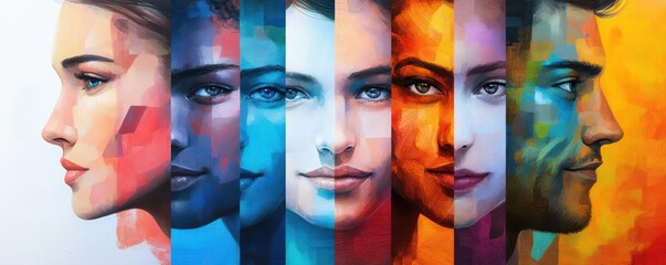 Obraz premium A vibrant, colorful artwork showcasing diverse faces in a linear arrangement, highlighting beauty and individuality.