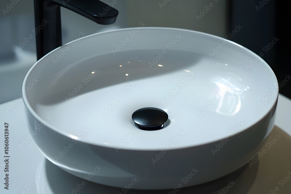 Poster candid photo of a close-up view of a white round sink and matte black faucet, smooth surface reflect