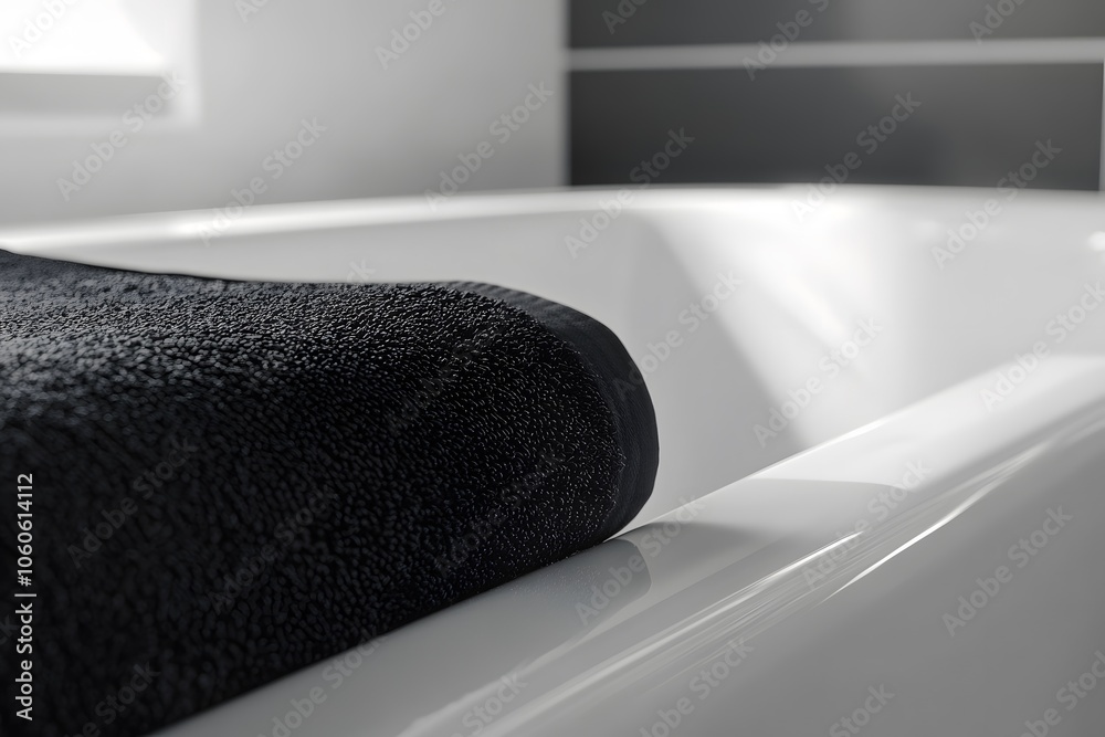 Poster Candid photo of a close-up view of a white bathtub edge with a black towel neatly folded, simple and clean, 4k resolution