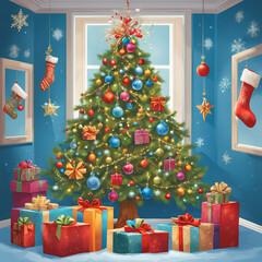 AI generated image of Christmas decoration with ornaments and gifts  