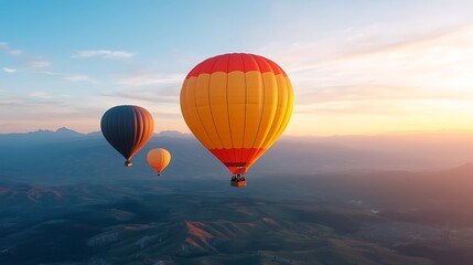 Fototapeta premium Hot air balloons float gracefully above scenic landscape during sunset in beautiful skies