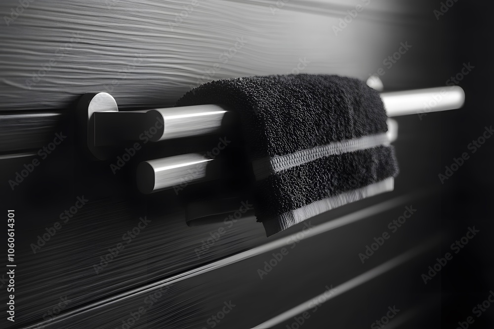 Poster Candid photo close-up of a matte black towel rail, capturing the texture and sleek design, monochrome theme, 4k resolution