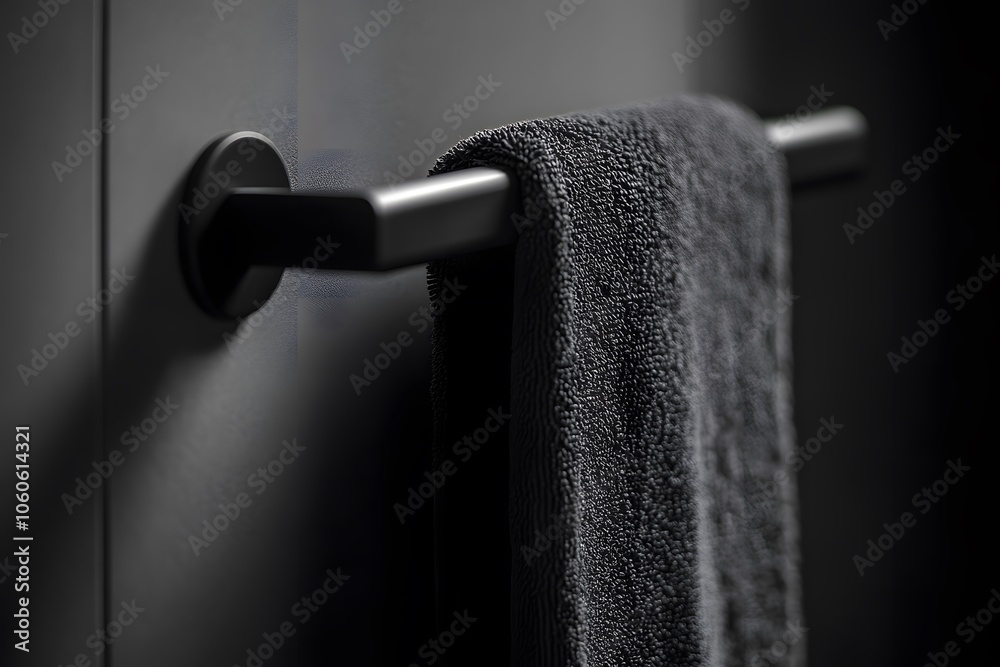Poster Candid photo close-up of a matte black towel rail, capturing the texture and sleek design, monochrome theme, 4k resolution