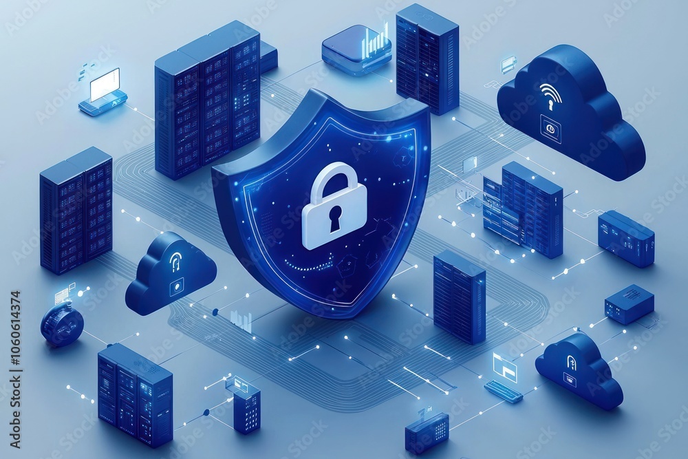 Poster Secure Network Infrastructure with Servers, Cloud Storage, and Protection Shield