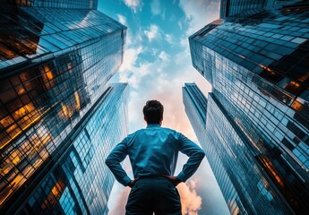 a business professional standing with his back to the camera, looking up at a cluster of modern