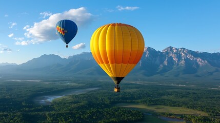 Naklejka premium Colorful hot air balloons soar over majestic mountain landscape enhancing adventure and serenity experience