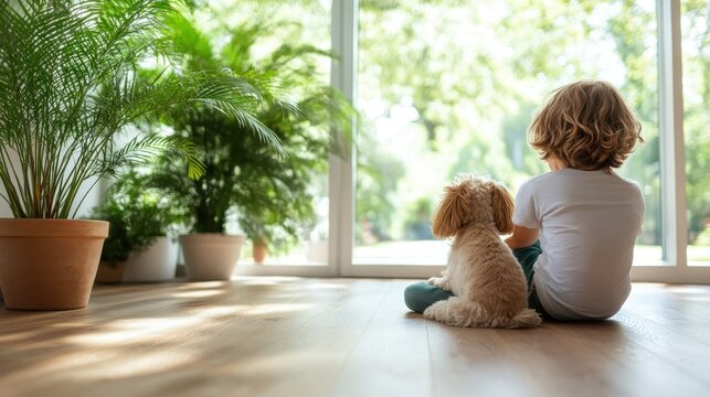 Fototapeta A young child and a fluffy dog sit side by side, gazing outside a window into a sunlit garden, capturing innocence and companionship in a serene home setting.