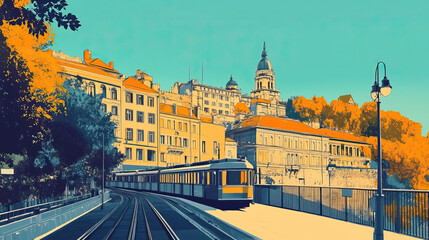 Fototapeta premium Belgrade, Serbia, french vintage Art Nouveau & Art Deco travel poster template. Cityscape and city skyline.Classic La Belle Epoque vichy art. Clear, simple, trendy