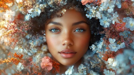an artistic portrait of a woman surrounded by a lavish array of colorful flowers merging natural beauty with creative design elements