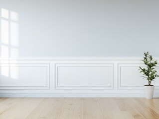 Fototapeta premium Bright and airy room featuring a light wall, elegant trim, and a potted plant, perfect for modern design inspiration.