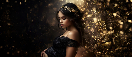 young beautiful pregnant brunette woman on black & golden background with copy space