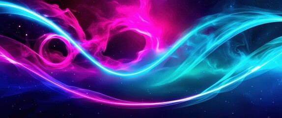 Cosmic waves, vibrant neon colors, flowing energy ribbons, deep space background, stars, abstract aurora, electric blue and magenta, dynamic motion, ethereal glow, digital art, surreal, colorful nebul