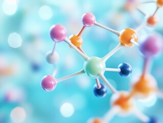 Colorful molecular structure on a soft blue background, representing science and technology in a vibrant, abstract way.