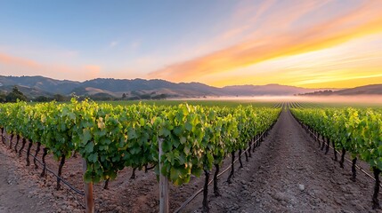 Fototapeta premium Vineyards captivate observers as sunlight illuminates rows of grapevines against a stunning landscape