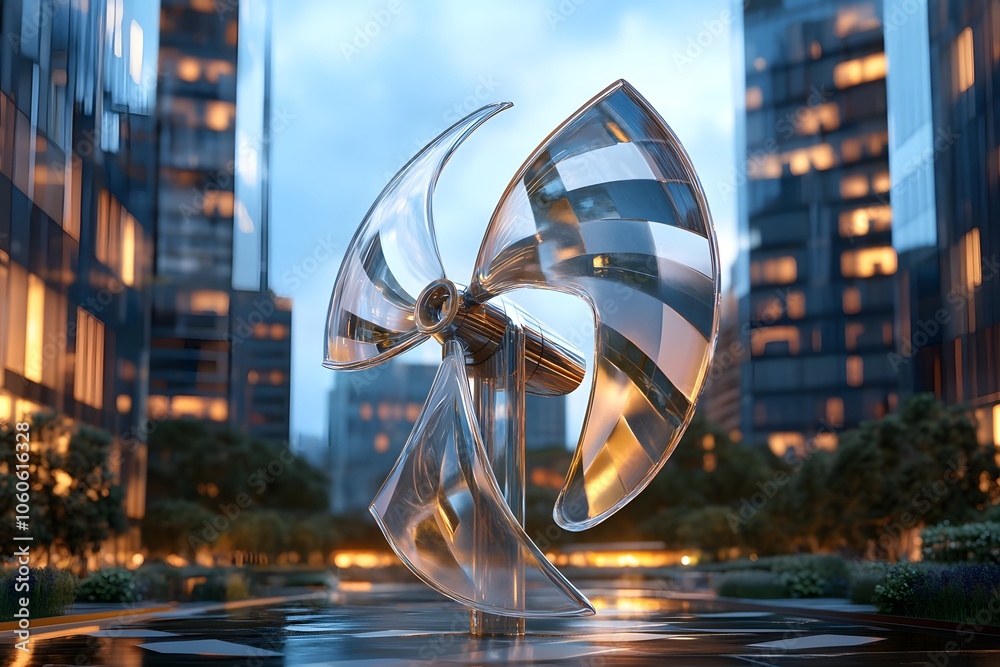 Poster Candid photo of an innovative wind turbine design with transparent blades set in an urban area, blending aesthetics with functionality, 4k resolution