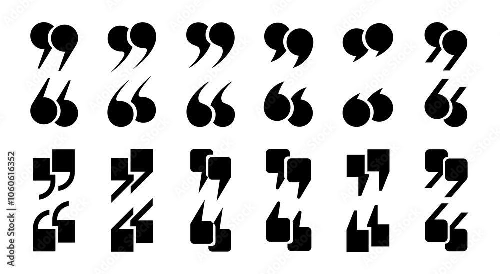 Fototapete a set of quotation mark icons on a white background. quotes, isolated black vector icons in the form