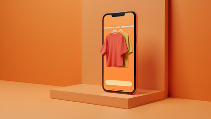 Smartphone with t-shirt inside on orange background and podium