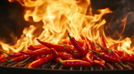 Chili peppers burning in an intense blaze of fire