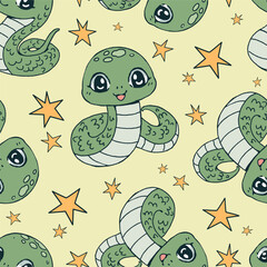 Seamless pattern cartoon of groovy green snake and star. It is a pattern related to snake cartoon but with a childlike cute. Pattern design for fabric and wrapping paper, wallpaper and fashion prints.