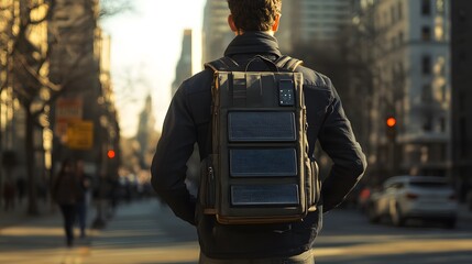 Lifestyle photo of a tech enthusiast demonstrating an innovative solar-powered backpack, charging devices on the move, 4k resolution