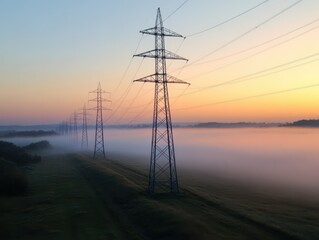 An aerial view of tall power lines stretching across a foggy landscape at sunrise, creating a serene, tranquil atmosphere.