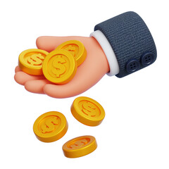 Businessman hand with coins falling isolated. Money investment and business commerce. 3D Render illustration
