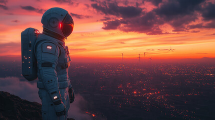 A man in a spacesuit stands on a hill overlooking a city at sunset