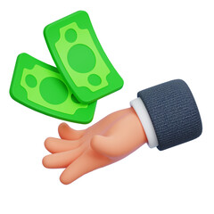 Hand with green paper money banknotes flying isolated. Money investment and business commerce. 3D Rendering