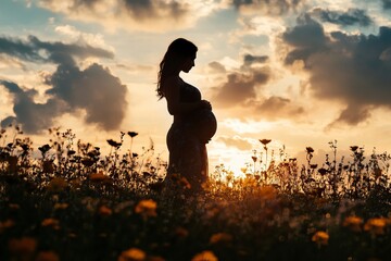 Flower silhouette shape of a full body shot of a pregnant woman Ð¾Ñ‚ delicate background, copyspace, shot on Sony Alpha Î±7 IV stock phot --ar 3:2 --v 6.1 Job ID: 69fafff7-e008-4ced-93fd-a5f3c0d64120
