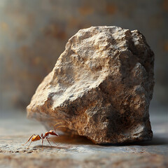 A close-up shot of a tiny ant leaning against a large rock, capturing its resilience and focus amidst a textured natural background that highlights the stark size difference.