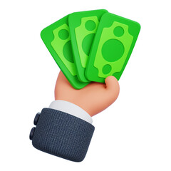 Businessman hand holding green paper money or banknotes isolated. Money investment and business commerce. 3D Rendering