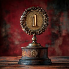 Gold trophy award podium with gold number one on wooden base on red background,