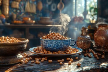 Fototapeta premium Artisan Coffee Beans in a Cozy Setup with Steam Rising from a Cup, Perfect for Coffee Lovers, A Delicious and Aromatic Experience