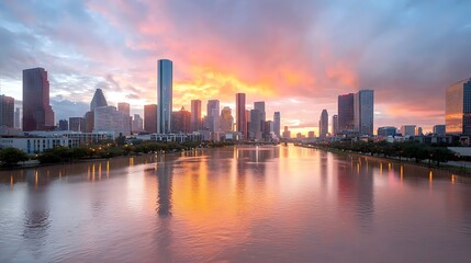 Houston skyline reflected on tranquil water during stunning sunset over cityscape