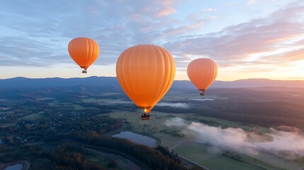 Obraz premium Colorful hot air balloons soar above serene landscape during sunrise capturing the beauty of nature's vistas