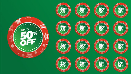 Special offer winter or christmas discount with different value percent off 90, 85, 80, 75, 70, 65, 60, 55, 50, 45, 40, 35, 30, 25, 20, 15, 10 percentage price reduction label. Sale offer emblem set.