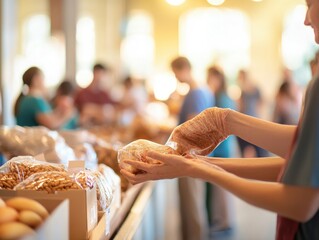 Obraz premium A volunteer carefully packages food at a community market, promoting kindness and generosity in a vibrant atmosphere.
