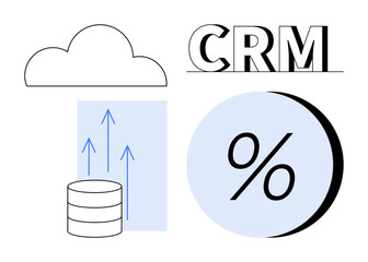 Cloud icon, CRM text, stacked storage disks with up arrows, percentage symbol in circle. Ideal for CRM systems, data analytics, cloud storage, business growth, financial analysis, marketing