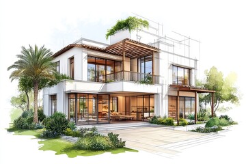 Fototapeta premium Process of designing a luxury villa, featuring concept drawings, 3D models, and final renderings