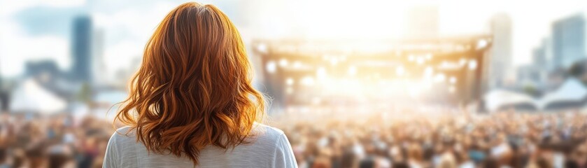 Naklejka premium A vibrant concert scene capturing a person enjoying the music and atmosphere in front of a captivated crowd.