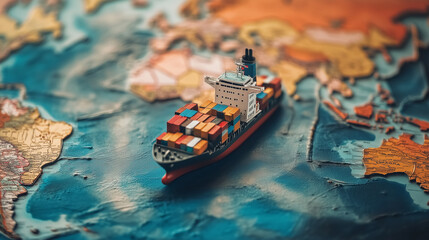 Model kontenerowca spoczywa na mapie świata, stanowiąc ilustrację nowoczesnego transportu i logistyki. 