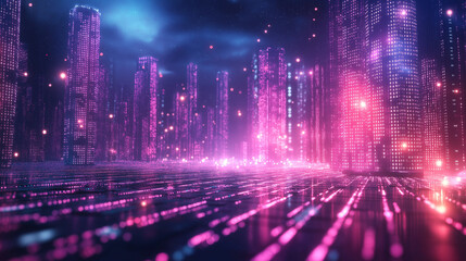 A cityscape with pink buildings and a blue sky