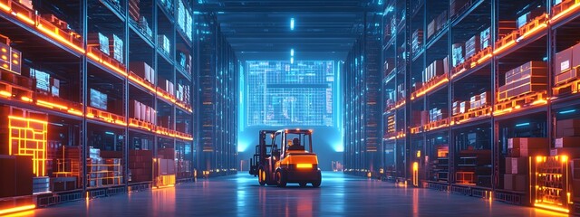 A futuristic warehouse with glowing digital data streams, creating an immersive and high-tech atmosphere for commercial photography