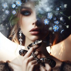 Luxury fashion style photo. Beautiful woman with a snake. Book magazine creative concept cover photography