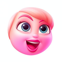 A cheerful cartoon character with bright eyes and a pink hairstyle expressing joy and happiness