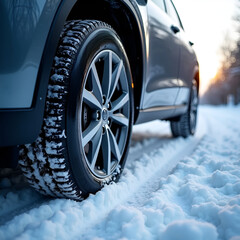 Close-up of winter tire on snowy road with car in winter sunset setting