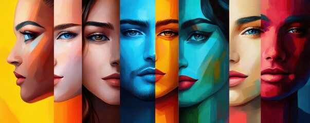 A vibrant portrait collection showcasing diverse human profiles with striking colors and expressive features, celebrating individuality.