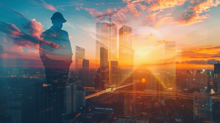 Professional workman, skyscrapers buildings at sunset, double exposure, construction expert company
